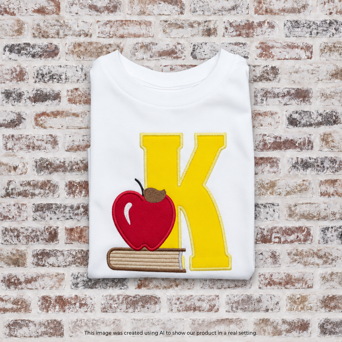 Back to School Initial applique embroidered with book and apple