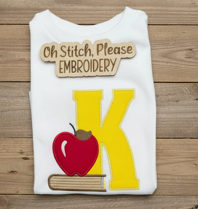 Back to School Initial applique embroidered with book and apple
